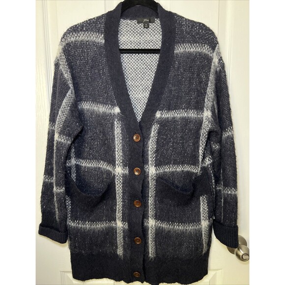 J Crew V-Neck Cardigan Sweater Small Wool Blend Navy Blue White Windowpane - Picture 1 of 10